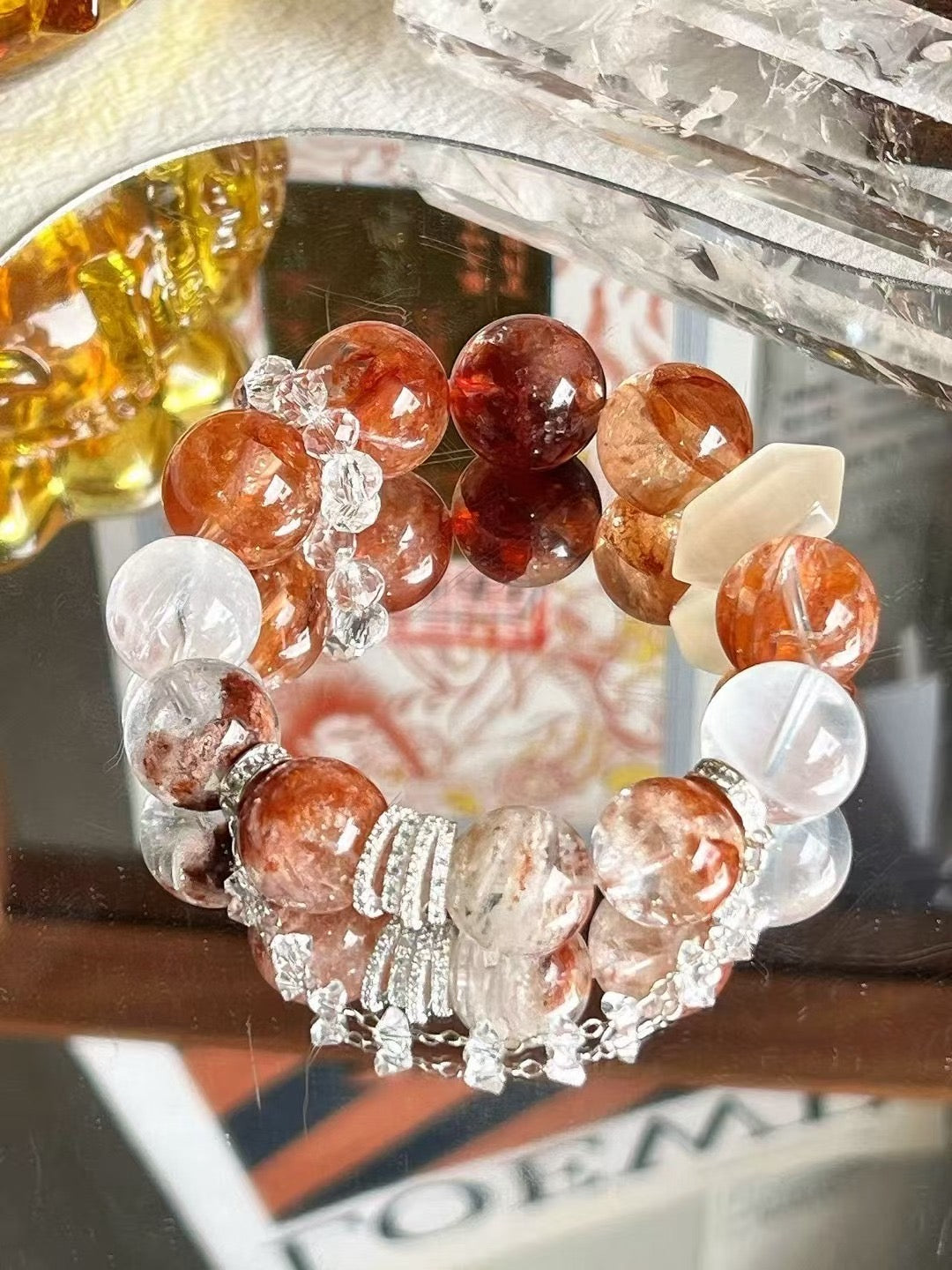 Metal · Fire · Wood Element · Fish Leaps Over the Dragon Gate Crystal Bracelet · Red Flower Agate, Four Seasons Phantom Quartz & Clear Quartz for Career Growth, Wealth & Transformation