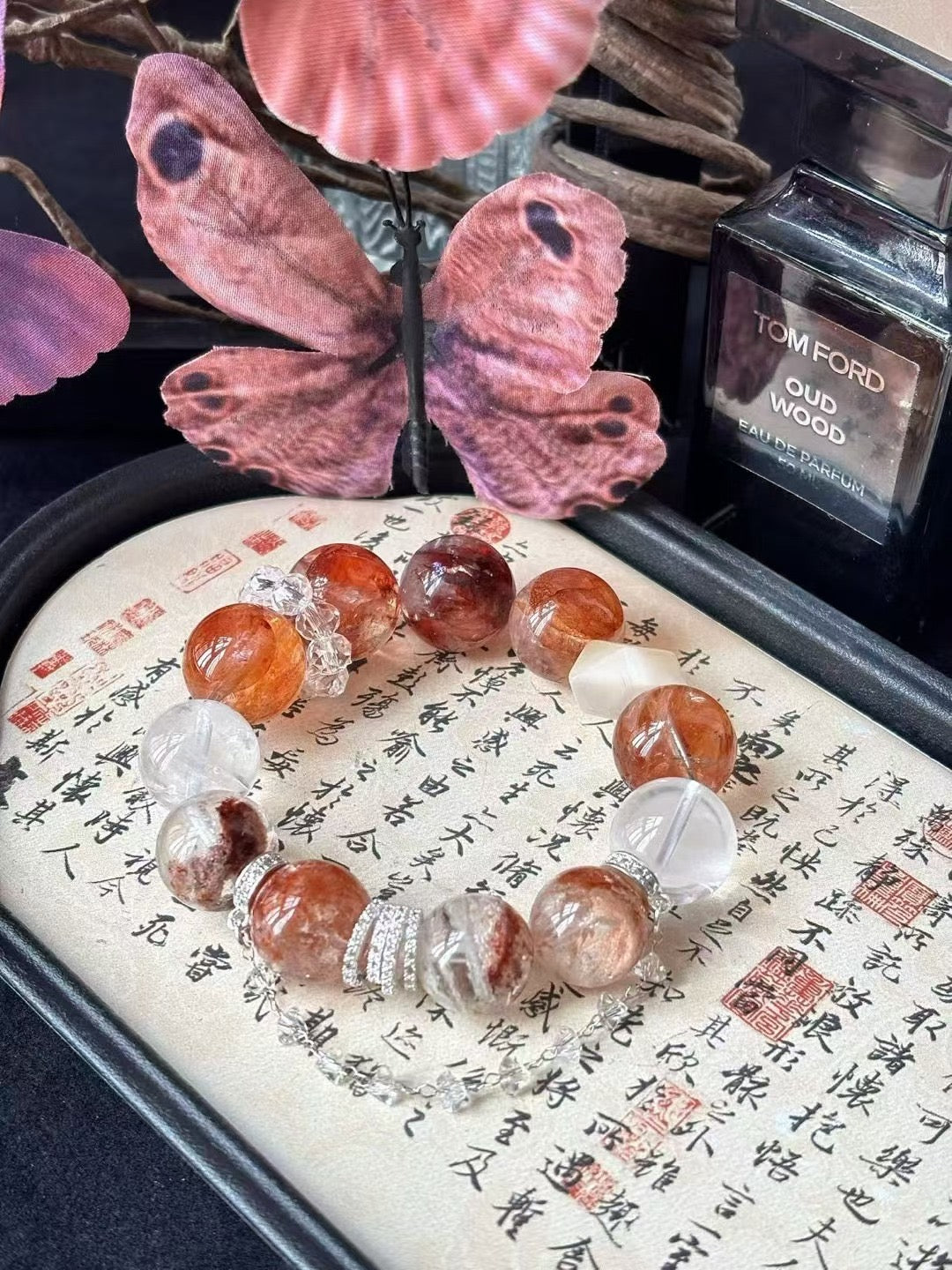 Metal · Fire · Wood Element · Fish Leaps Over the Dragon Gate Crystal Bracelet · Red Flower Agate, Four Seasons Phantom Quartz & Clear Quartz for Career Growth, Wealth & Transformation