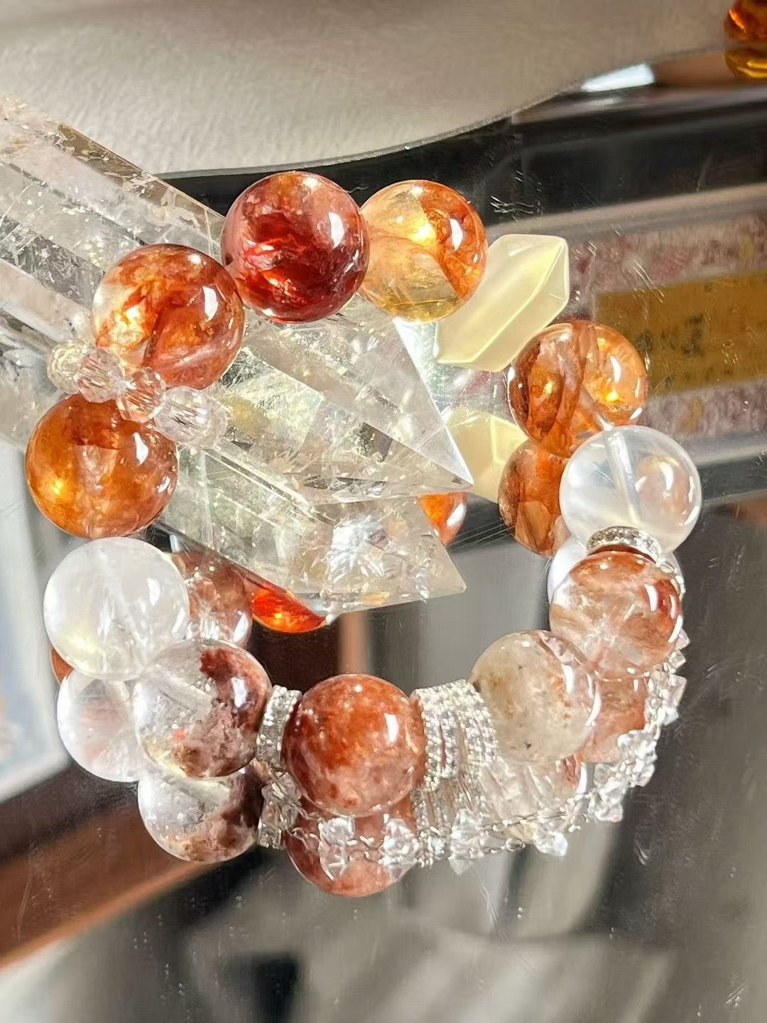 Metal · Fire · Wood Element · Fish Leaps Over the Dragon Gate Crystal Bracelet · Red Flower Agate, Four Seasons Phantom Quartz & Clear Quartz for Career Growth, Wealth & Transformation